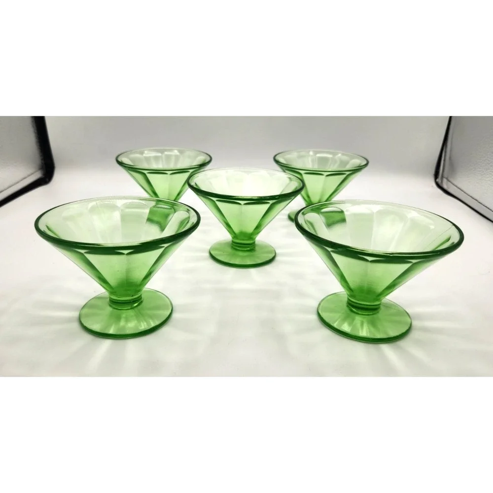GLOWS! Vintage Green Uranium Depression Glass Sherbet Dessert Cups Set of 5